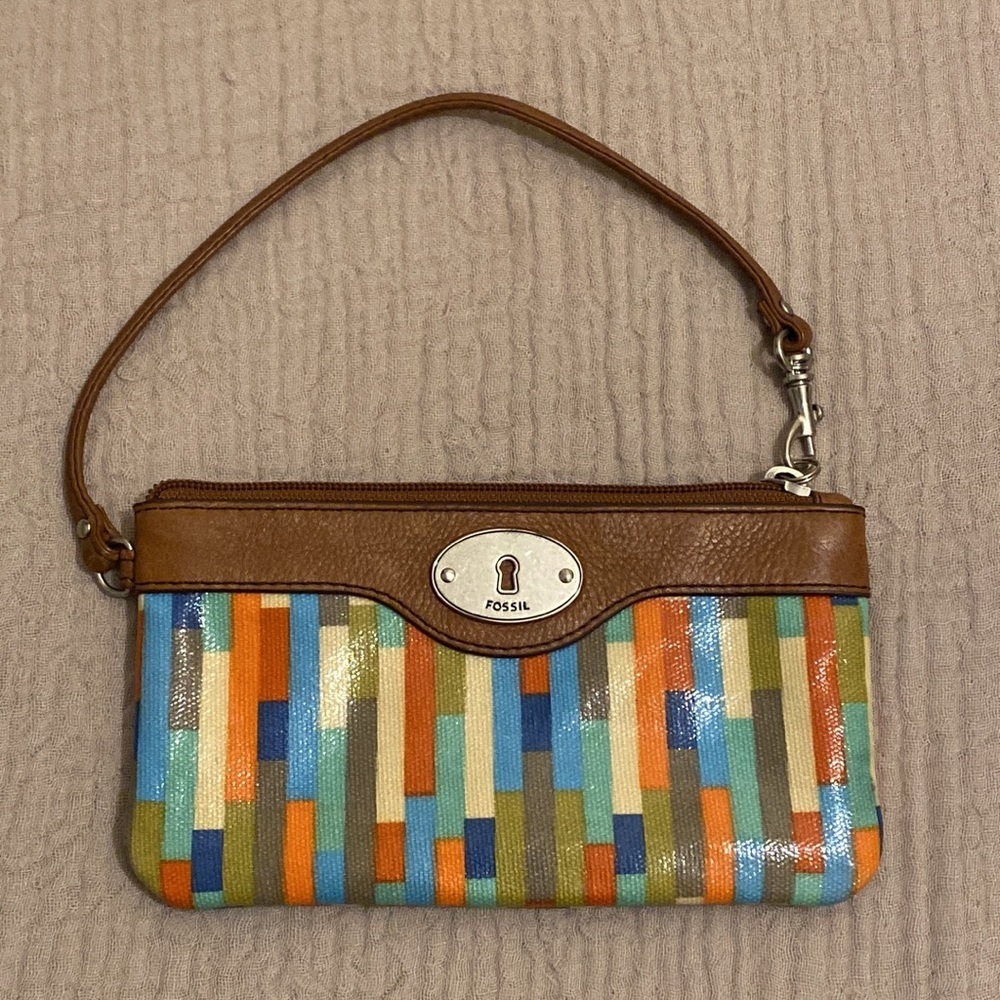 Fossil Colorful Striped Wristlet with Brown Trim